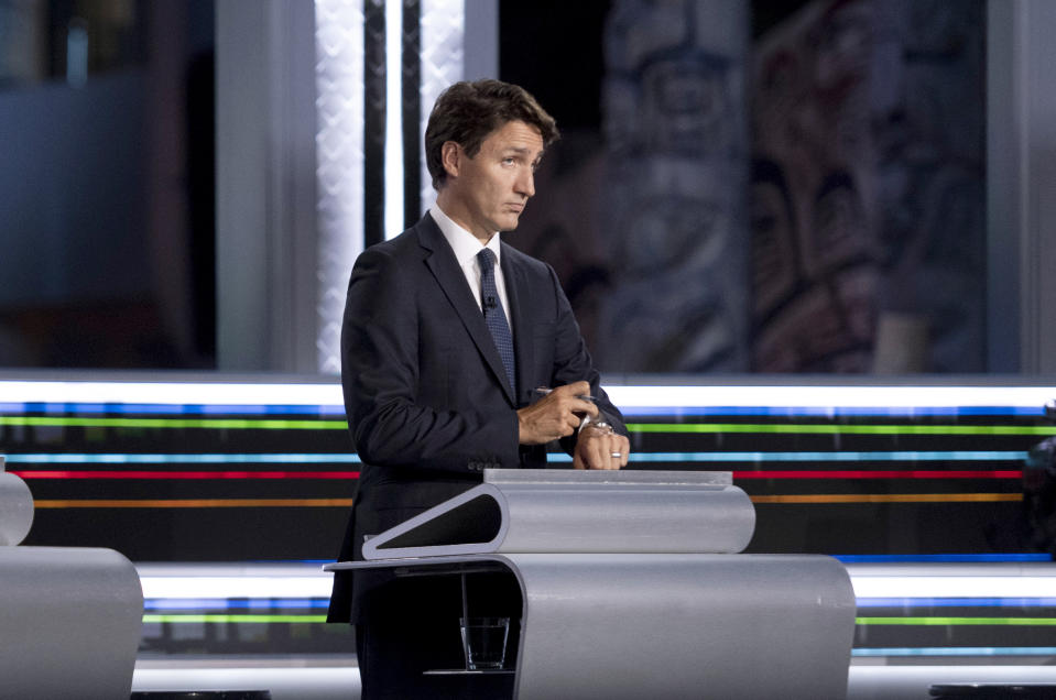 Liberal leader Justin Trudeau waits to begin the federal election French-language leaders debate, Wednesday, Sept. 8, 2021, in Gatineau, Quebec. (Adrian Wyld/The Canadian Press via AP)