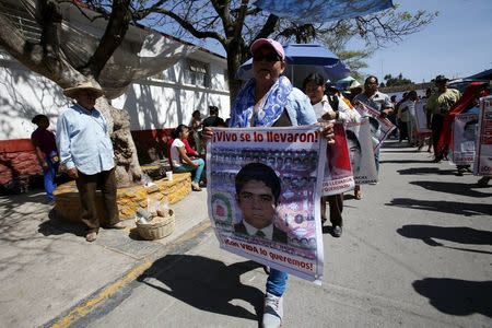 Relatives of the 43 missing students of the Ayotzinapa teacher training college march before receiving the final report on the disappearance of their sons by members of the Inter-American Commission on Human Rights (IACHR) in Tixtla, Guerrero state, Mexico, April 27, 2016. REUTERS/Ginnette Riquelme