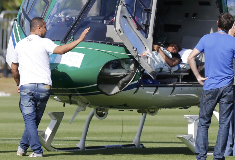 Brazil's Neymar waits to be airlifted home from Brazil's training camp inTeresopolis near Rio de Janeiro July 5, 2014. REUTERS/Marcelo Regua