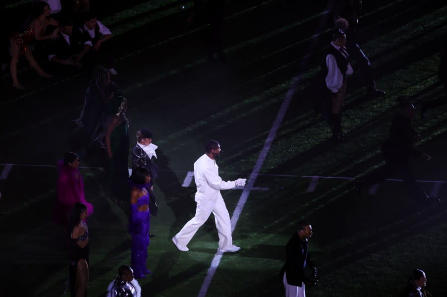 LAS VEGAS, NEVADA – FEBRUARY 11: Usher performs on the field during the Apple Music Super Bowl LVIII Halftime Show at Allegiant Stadium on February 11, 2024 in Las Vegas, Nevada. (Photo by Michael Reaves/Getty Images)