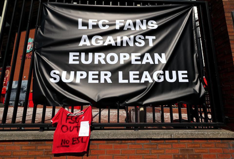 Banners protesting against the Super League were placed outside Anfield after Liverpool announced in April they were founder members of the new competition, a decision they quickly reversed (Peter Byrne/PA) (PA Wire)