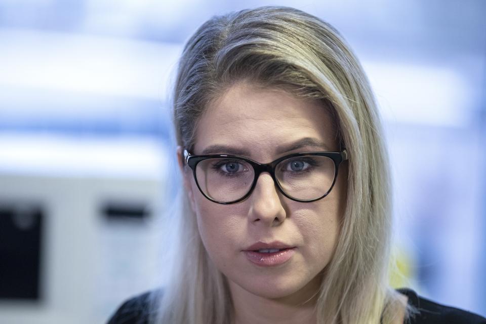 FILE - In this Jan. 16, 2020, file photo, Russian opposition activist Lyubov Sobol speaks during her interview for the Associated Press in Moscow, Russia. Sobol, a top associate of Russian opposition leader Alexei Navalny, was detained Friday, Dec. 25, 2020, on allegations of violent trespassing after she tried to doorstep an alleged security operative, whom Navalny had previously duped into describing details of his alleged poisoning. (AP Photo/Pavel Golovkin, File)