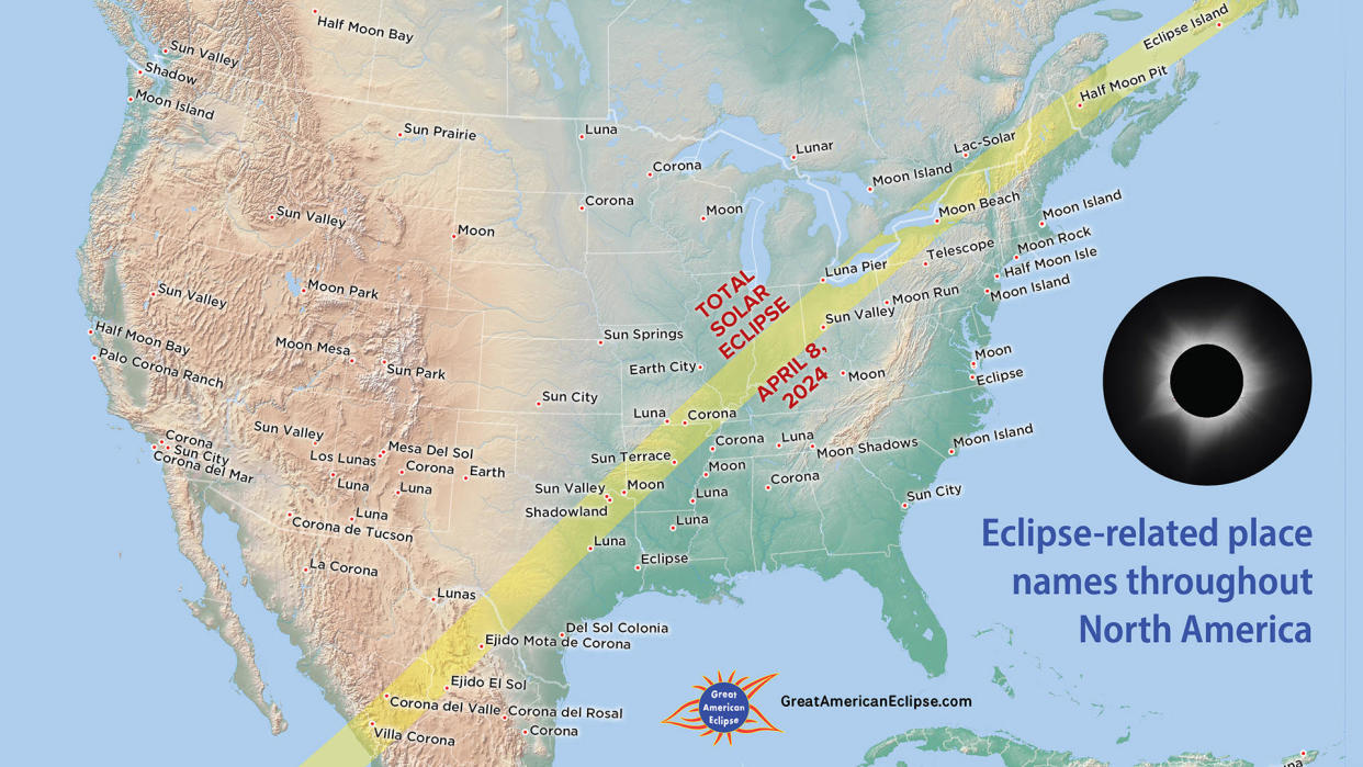  Map of North America showing the path of the total solar eclipse on April 8, 2024 passing through eclipse-related place names. . 