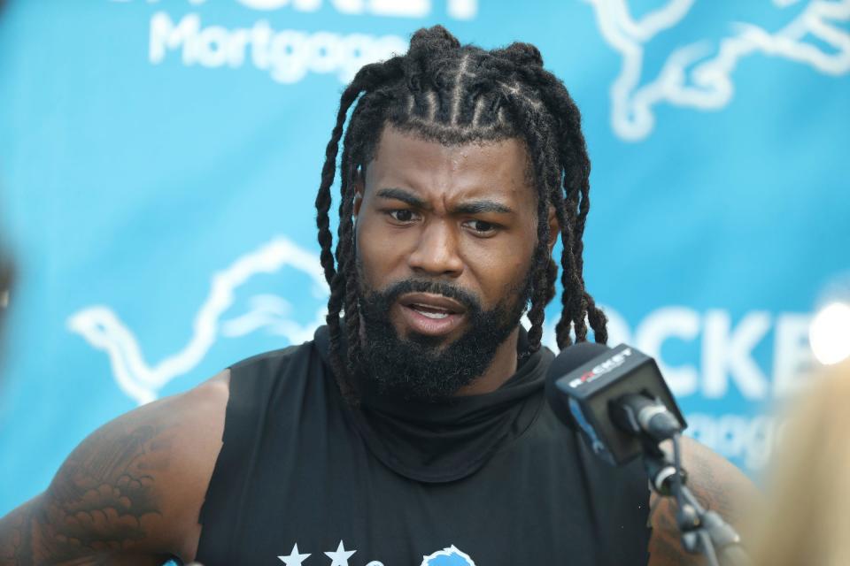 Detroit Lions cornerback Cam Sutton talks with reporters after training camp in Allen Park, Tuesday, July 25, 2023.