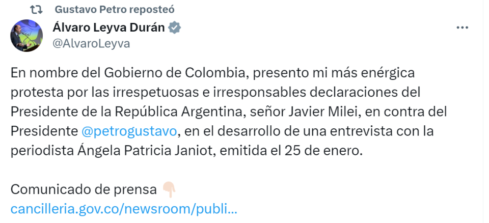 Petro ratificó los dichos de su Canciller sobre la gravísima acusación de Milei.