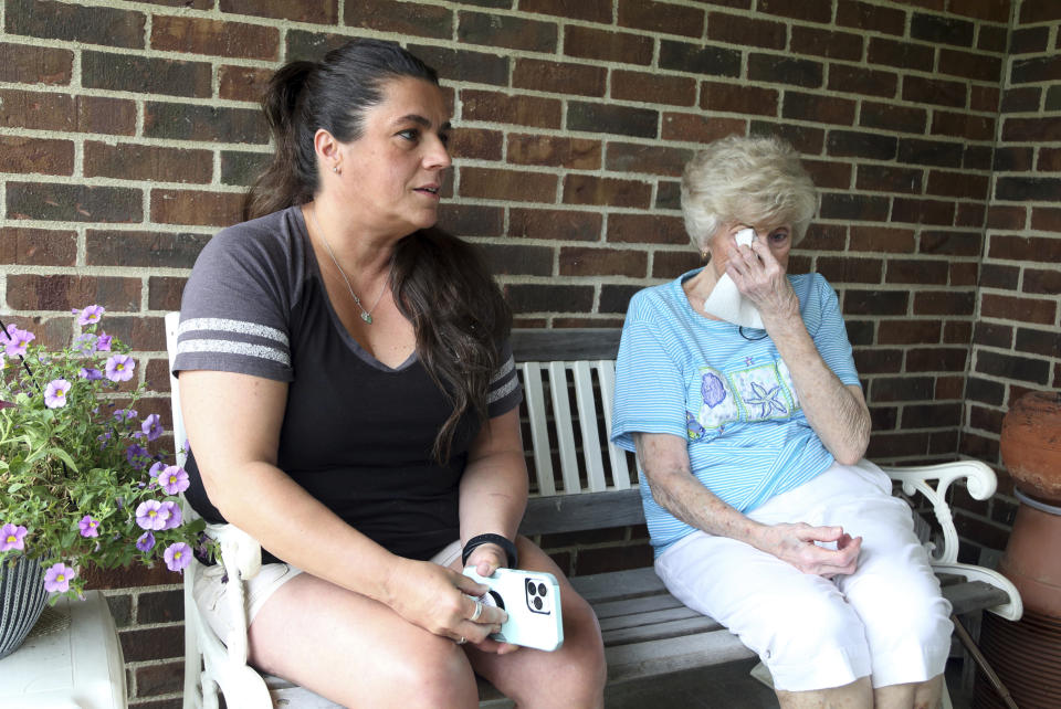 Tiffany Hollis, left, and her grandmother Tressie Corsi talk about giving up the house Corsi has owned in Johnstown, Ohio, since 1972, to make way for an Intel manufacturing plant during an interview Monday, June 20, 2022. The 85-year-old woman has lived in a house on seven acres of that land since she and her husband built a house there 50 years ago. They raised four children and welcomed multiple generations of grandchildren and great-grandchildren, including some that lived right next door. (AP Photo/Paul Vernon)
