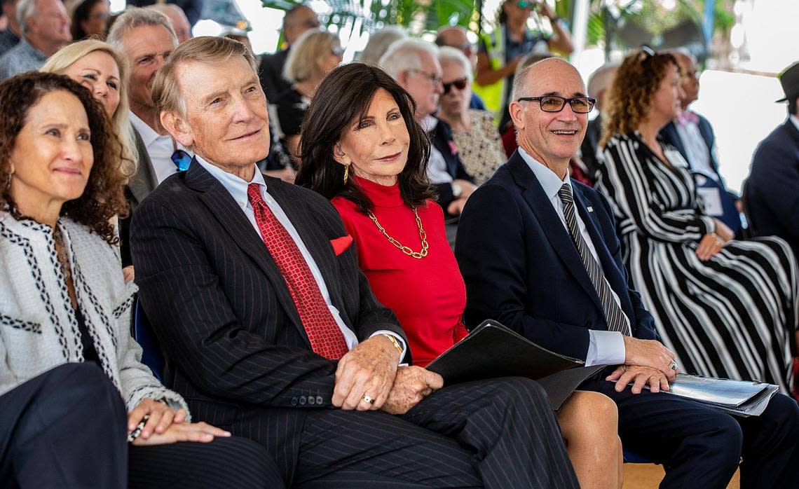 Debbie Benitez, philanthropists Trish and Dan Bell with FIU President Kenneth A. Jessell, attended a groundbreaking ceremony for the Trish and Dan Bell Chapel at Florida International University on its main campus near Sweetwater on April 19, 2023. Pedro Portal/pportal@miamiherald.com