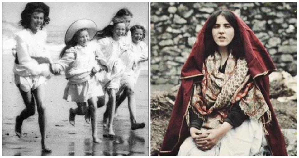 <p>A foto à direita é uma das primeiras fotos coloridas. Ela mostra uma jovem de 14 anos com um vestido tradicional. Foi feita em 1913<i> (Wikimedia/Irishcentral)</i><i>.</i></p>