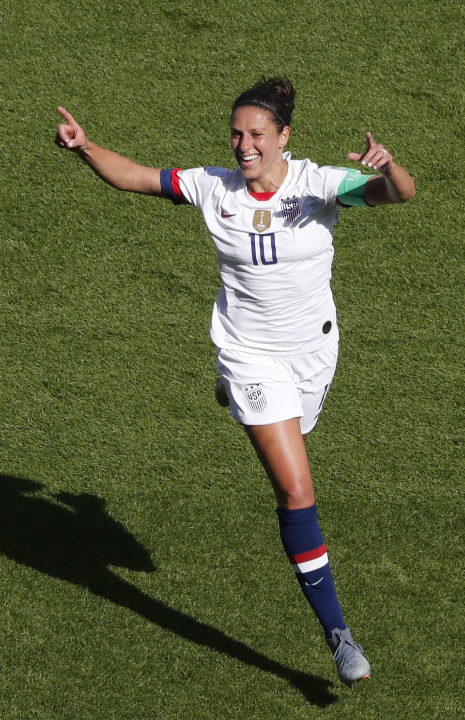 United States' Carli Lloyd celebrates after scoring the opening goal during the Women's World Cup Group F soccer match between the United States and Chile at the Parc des Princes in Paris, Sunday, June 16, 2019. (AP Photo/Thibault Camus)