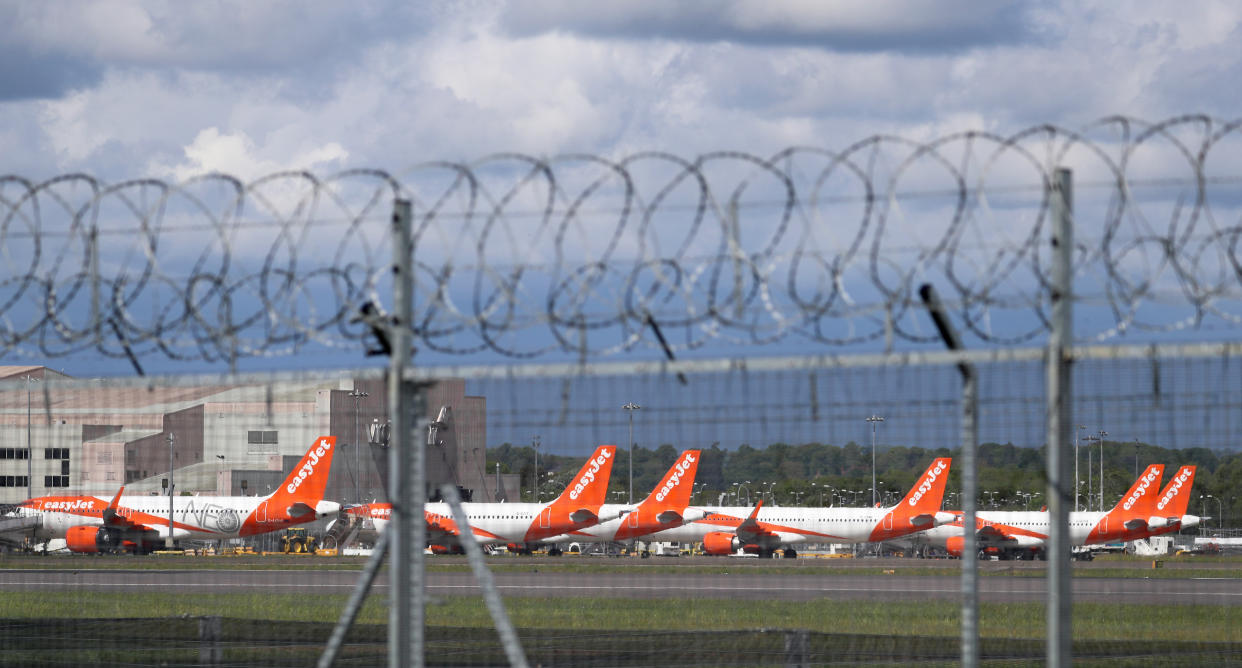 EasyJet planes parked at Gatwick Airport as the UK continues in lockdown to help curb the spread of the coronavirus.