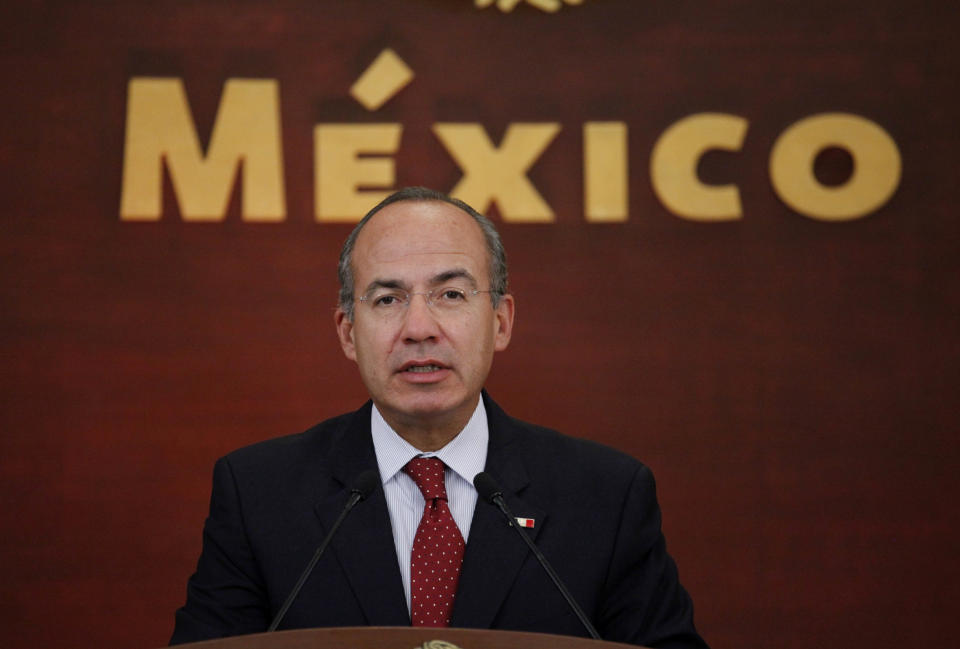 FILE - In this Feb. 21, 2011 file photo, Mexico's President Felipe Calderon holds a news conference at Los Pinos presidential residence in Mexico City. When Calderon came to power six years ago, he set goals to alleviate poverty, create jobs and increase public safety. As he winds up his term on Saturday, Dec. 1, 2102, Calderon leaves Mexico with fiscal stability that saved the country from collapse during the world’s economic crisis, but with far greater violence, very little change in poverty levels and anemic job growth. (AP Photo/Eduardo Verdugo, File)