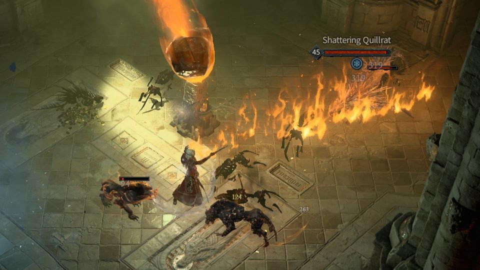 A player casts a fire attack on a Shattering Quillrat enemy