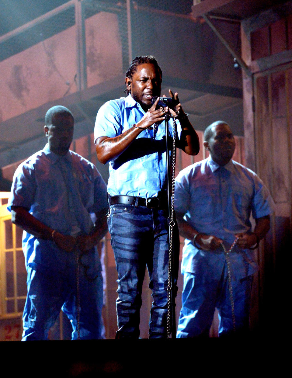 LOS ANGELES, CA - FEBRUARY 15:  Hip-hop artist Kendrick Lamar performs onstage during The 58th GRAMMY Awards at Staples Center on February 15, 2016 in Los Angeles, California.  (Photo by Lester Cohen/WireImage)