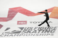 Dinh Tran performs during the men's free skate at the U.S. figure skating championships in San Jose, Calif., Sunday, Jan. 29, 2023. (AP Photo/Tony Avelar)