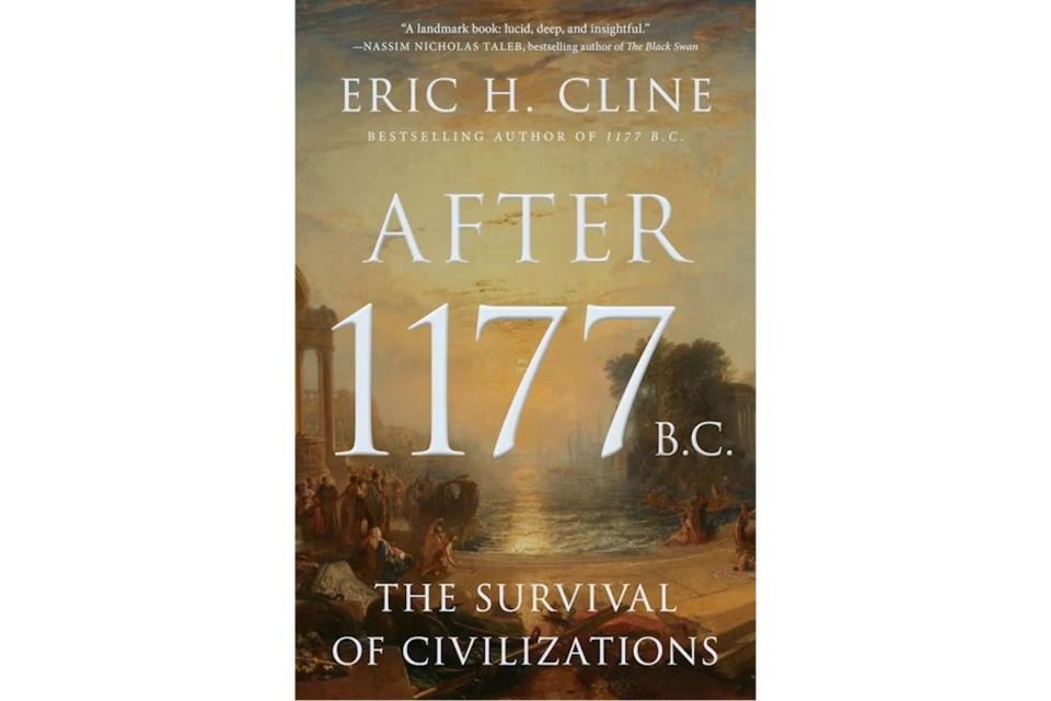 The cover of After 1177 B.C. is a painting of Late Bronze Age people on a beach at sunset with boats nearby.