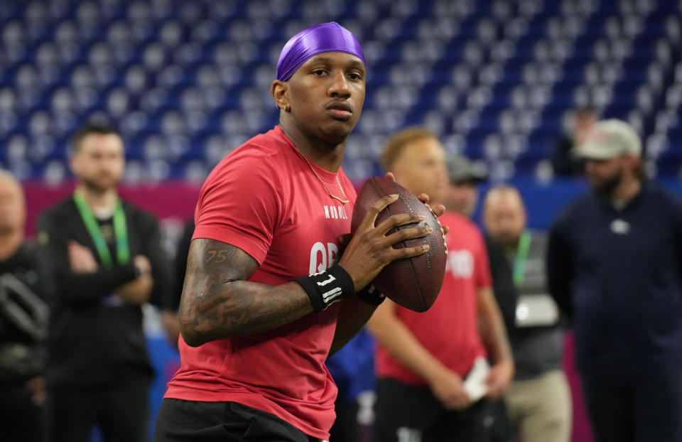 Mar 2, 2024; Indianapolis, IN, USA; Washington quarterback Michael Penix (QB08) during the 2024 NFL Combine at Lucas Oil Stadium. Mandatory Credit: Kirby Lee-USA TODAY Sports