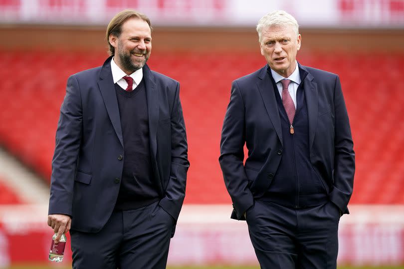 File photo dated 17/02/24 of West Ham United technical director Tim Steidten and manager David Moyes, who insists there is no rift between the pair amidst reports that he had banned the German from the Hammers dressing room and training sessions. Issue date: Friday May 3, 2024.