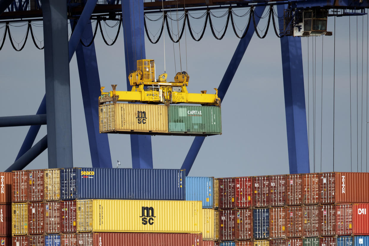 FELIXSTOWE, ENGLAND - MARCH 19: A cargo vessel is loaded at the Port of Felixstowe Ltd., a subsidiary of CK Hutchison Holdings Ltd on March 19, 2019 in Felixstowe, England. The deep water port of Felixstowe, in Suffolk is the United Kingdom's busiest container port, dealing with 42% of Britain's containerised trade. The port has agreed to increase capacity by more than 40%, to help freight shipping after Brexit. (Photo by Dan Kitwood/Getty Images)