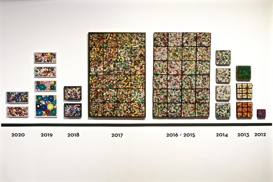 A timeline represents the collaborative artworks made with inmates throughout the years;  it is the first time this work has been brought together into one exhibition.