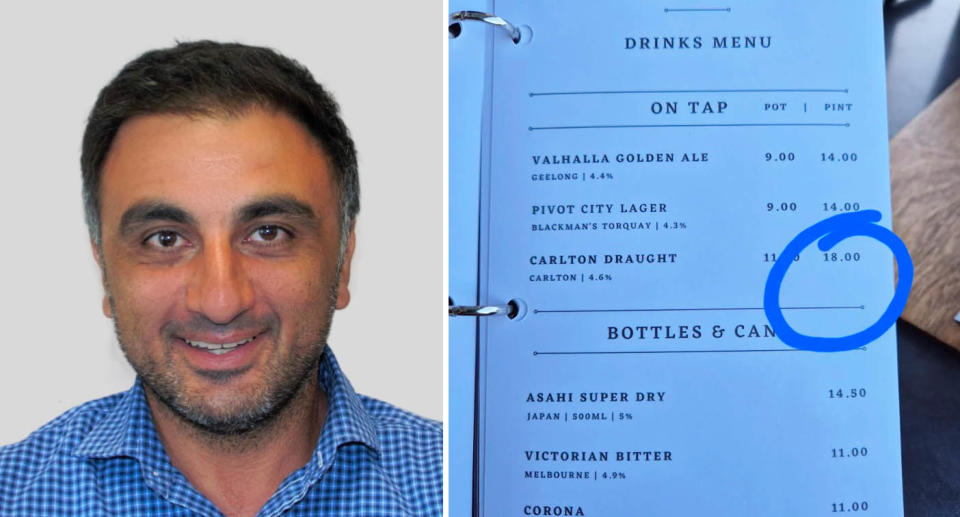 Composite image of QHA vice-president Matt Coorey, and a menu showing the prices of beer.