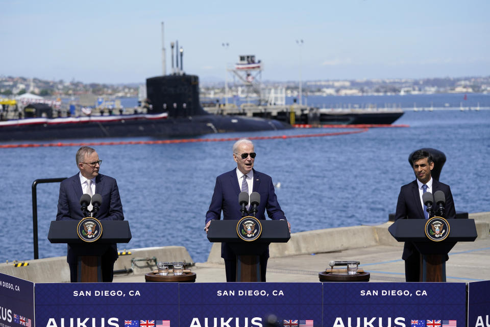 President Joe Biden speaks after meeting with British Prime Minister Rishi Sunak, right, and Australian Prime Minister Anthony Albanese at Naval Base Point Loma, Monday, March 13, 2023, in San Diego. (AP Photo/Evan Vucci)