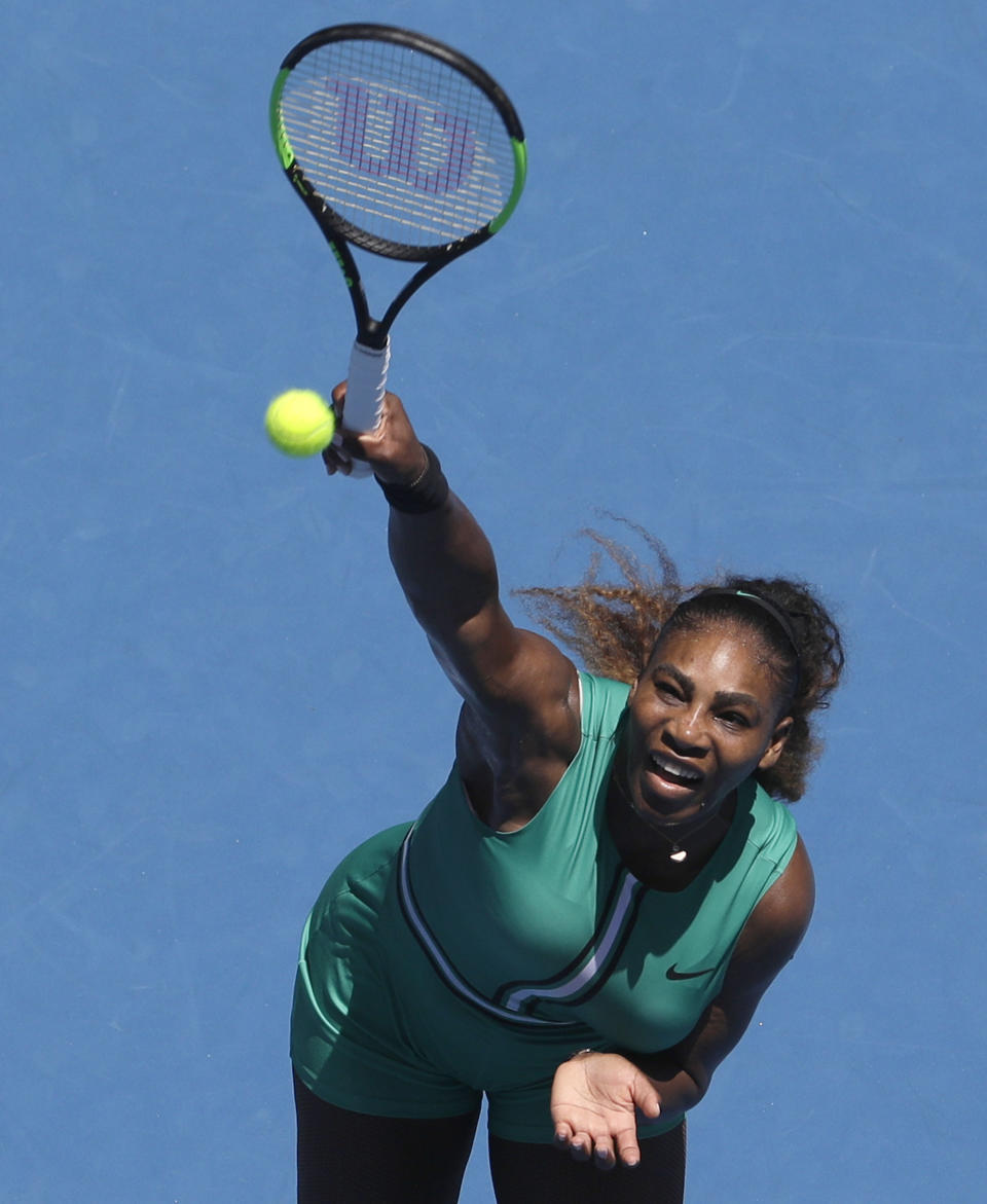 United States' Serena Williams plays a shot to Karolina Pliskova of the Czech Republic during their quarterfinal match at the Australian Open tennis championships in Melbourne, Australia, Wednesday, Jan. 23, 2019. (AP Photo/Mark Schiefelbein)