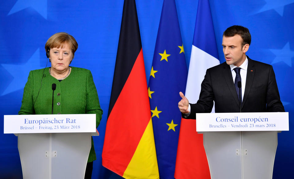 Merkel and Macron speak at a news conference in Brussels on March 23, 2018. (Photo: Geert Vanden Wijngaert/AP)