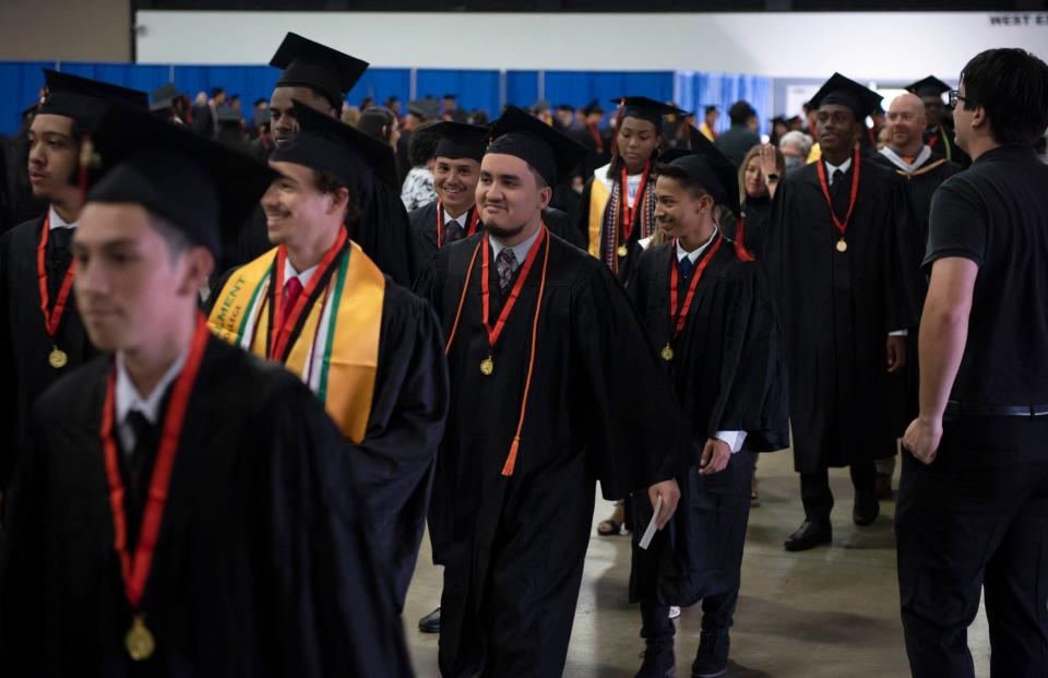 Students from John I. Leonard High School's class of 2023 line up at their graduation ceremony on May 16, 2023. John I. Leonard is the county's largest high school by enrollment. Where do the rest of the county's high schools fall?