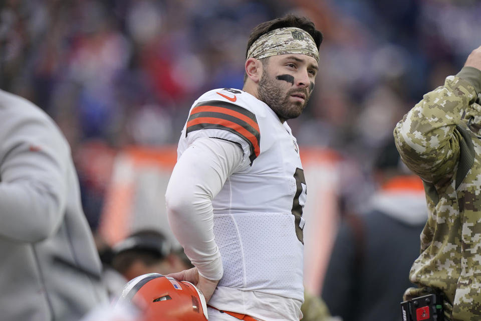 Cleveland Browns quarterback Baker Mayfield (6) watches from the sideline during the second half of an NFL football game against the New England Patriots, Sunday, Nov. 14, 2021, in Foxborough, Mass. (AP Photo/Steven Senne)