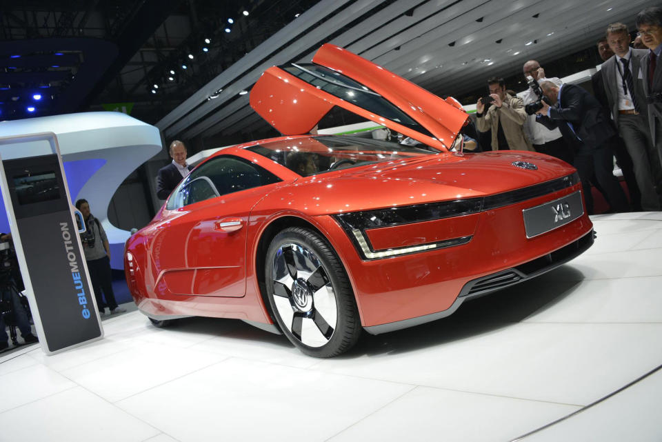 2013 Volkswagen XL1. Much hype surrounds the 285mpg XL1, with impressive efficiency figures littering every appearance the lightweight concept makes. It is a huge influence on VW’s drivetrain technology development but it doesn’t look easy to reverse (PA/Geneva Motor Show)