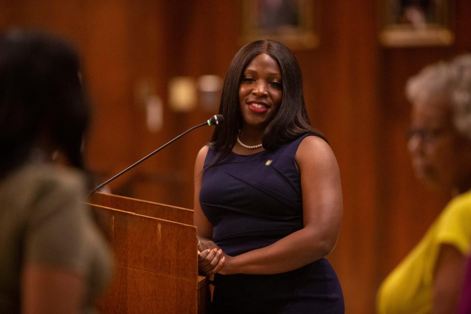 Memphis City Councilwoman Michalyn Easter-Thomas speaks at the podium during a City Council meeting at city hall in Memphis, Tenn., on Tuesday, July 25, 2023.