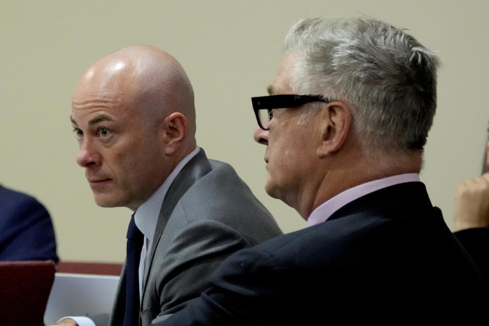 Attorney Luke Nikas, left, and actor Alec Baldwin listen during his hearing in Santa Fe County District Court, Wednesday, July 10, 2024, in Santa Fe, N.M. Baldwin is facing a single charge of involuntary manslaughter in the death of a cinematographer. (AP Photo/Ross D. Franklin, Pool)