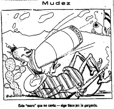 Viñeta de Manuel Tovar en la que se muestra a un rifeño vencido por la contraofensiva, en <em>La Voz</em> el 23 de septiembre de 1921. <a href="https://es.wikipedia.org/wiki/Archivo:Mudez,_de_Tovar,_La_Voz,_23_de_septiembre_de_1921.jpg" rel="nofollow noopener" target="_blank" data-ylk="slk:La Voz/Wikimedia Commons;elm:context_link;itc:0;sec:content-canvas" class="link ">La Voz/Wikimedia Commons</a>