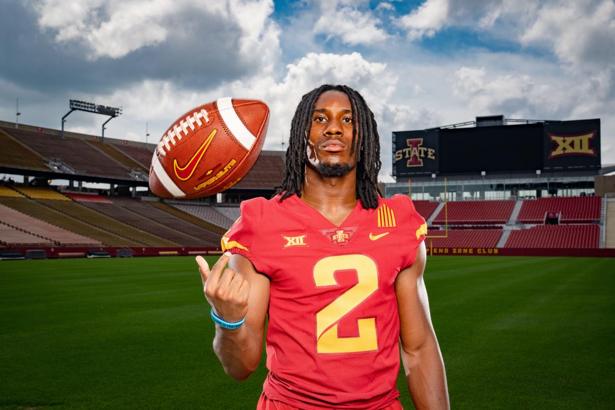 Iowa State defensive back T.J. Tampa stands for a photo during media day at Jack Trice Stadium in Ames, Friday, Aug. 4, 2023.