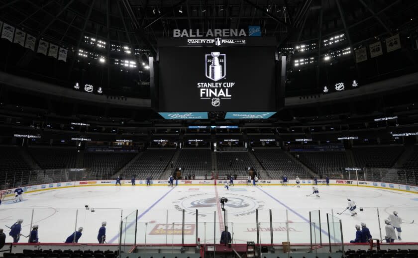 Tampa Bay Lightning players skate during an NHL hockey practice.