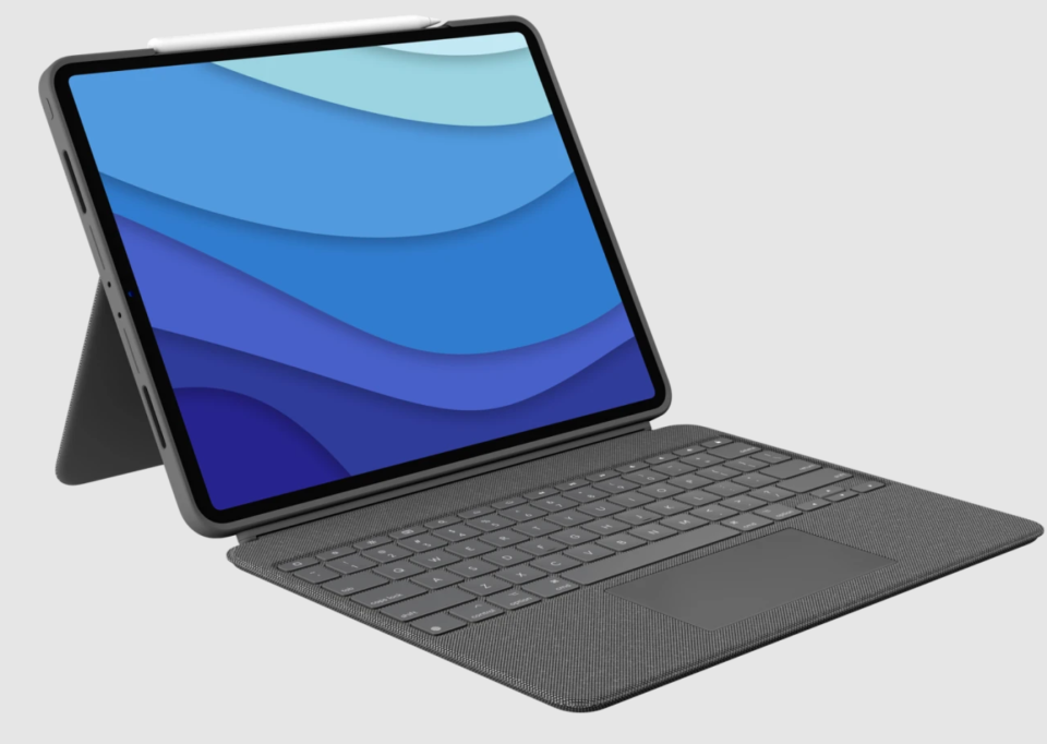 The Logitech Combo Touch Backlit Keyboard Case with Trackpad and tablet on a grey background