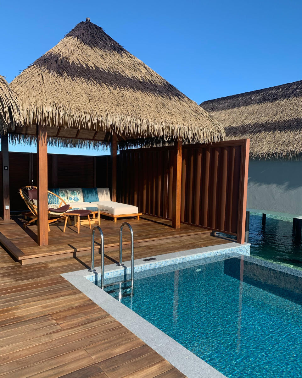 The outside of an overwater villa in the Maldives