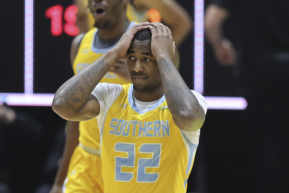 Southern University guard Brion Whitley (22) reacts after a foul against Grambling State in the first half of an NBA All-Star HBCU classic college basketball game Saturday, Feb. 18, 2023, in Salt Lake City. (AP Photo/Rob Gray)