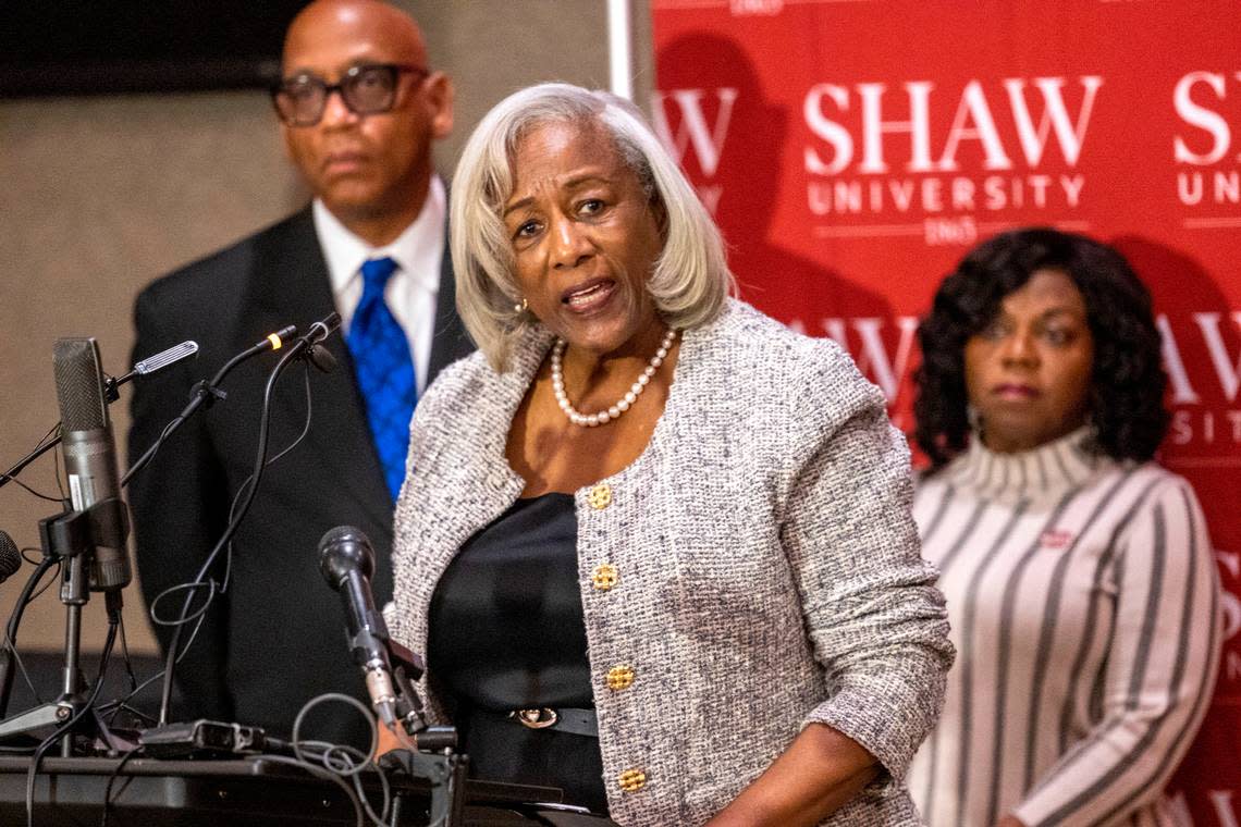Shaw University President Paulette Dillard speaks during a press conference Monday, Nov. 21, 2022 at the university. Shaw has filed a federal complaint with the U.S. Department of Justice over a traffic stop and search of a bus carrying students to an academic conference in October.