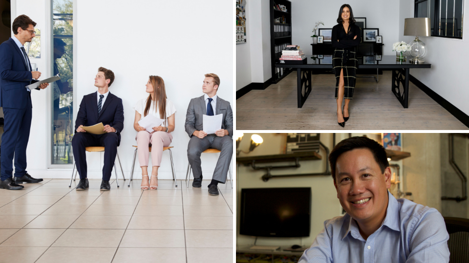 The expert's tips on how to impress in 7 seconds. Top right: Total Image Group CEO Pamela Jabbour; Bottom right: Executive Coach and Director of Executive Education and Visiting Professor of Business and Technology at Loyola Law School Hamilton Chan. (Source: Getty, Supplied)