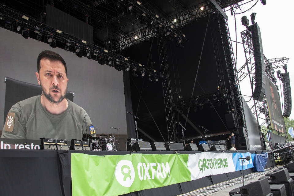 Ukrainian President Volodymyr Zelenskyy speaks via video at the Glastonbury Festival in Worthy Farm, Somerset, England, Friday, June 24, 2022. (Photo by Joel C Ryan/Invision/AP)