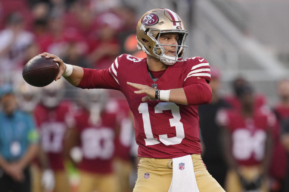 San Francisco 49ers quarterback Brock Purdy throws during the first half of a preseason NFL football game against the Los Angeles Chargers Friday, Aug. 25, 2023, in Santa Clara, Calif. (AP Photo/Jeff Chiu)