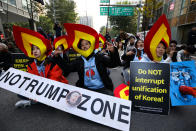 <p>Demonstrators attend a protest ahead of President Donald Trump’s visit near the U.S. Embassy in Seoul, South Korea, on Saturday, Nov. 4, 2017. (Photo: Seong Joon Cho/Bloomberg via Getty Images) </p>