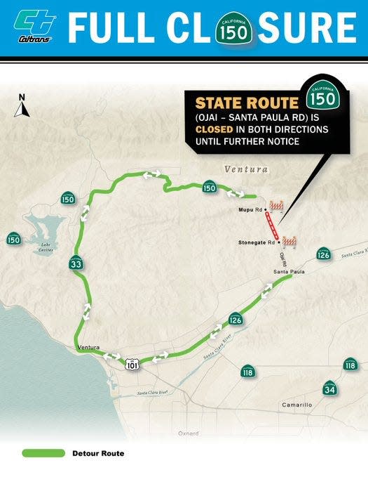 A closure due to a landslide on Highway 150 near Santa Paula leaves drivers to loop around through Ventura via Highways 126, 101 and 33 to reconnect with the 150 into Ojai.