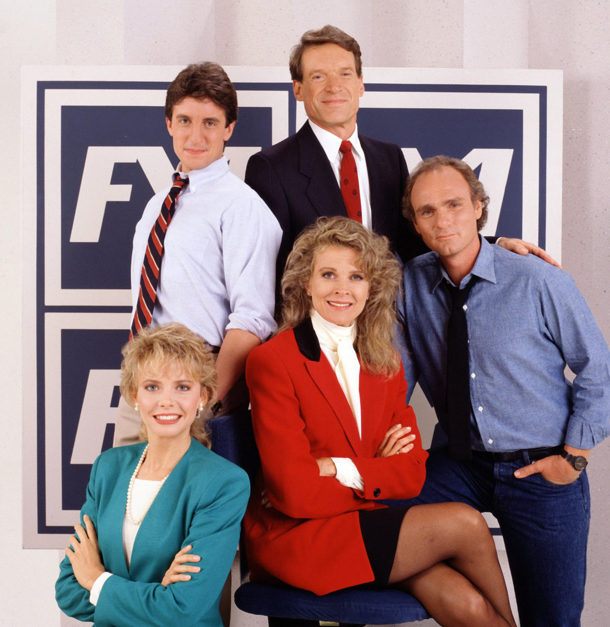 Charles Kimbrough as Jim Dial, Joe Regalbuto as Frank Fontana, Candice Bergen as Murphy Brown, Faith Ford as Corky Sherwood and Grant Shaud as Miles Silverberg.  Image dated August 2, 1988. (CBS Photo Archive / Getty Images)
