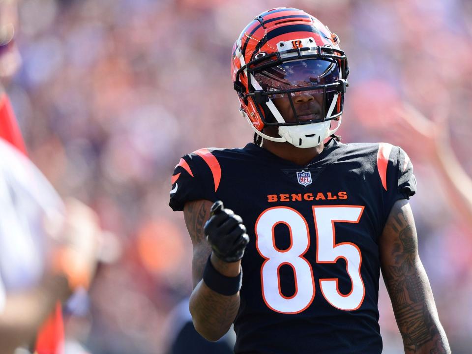 Tee Higgins celebrates a play against the Atlanta Falcons.