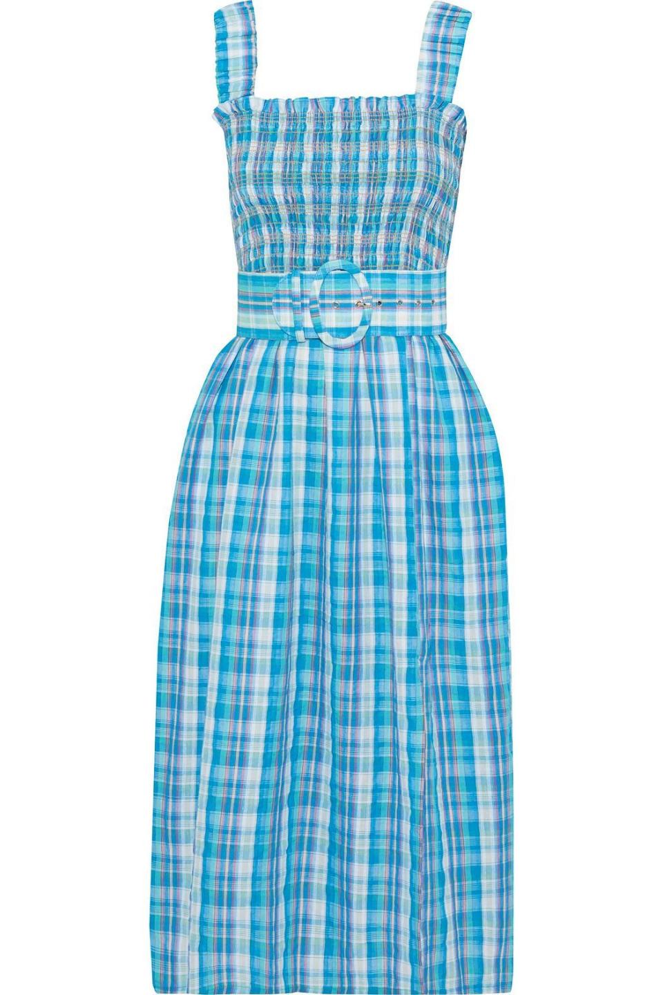 14) Belted shirred checked crinkled-cotton midi dress