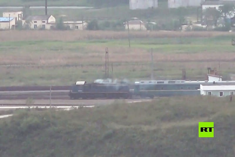 A train believed to belong to North Korean Leader Kim Jong Un was spotted on the North Korean border with Russia on Monday, according to Russian media. Photo courtesy of RTTV/UPI