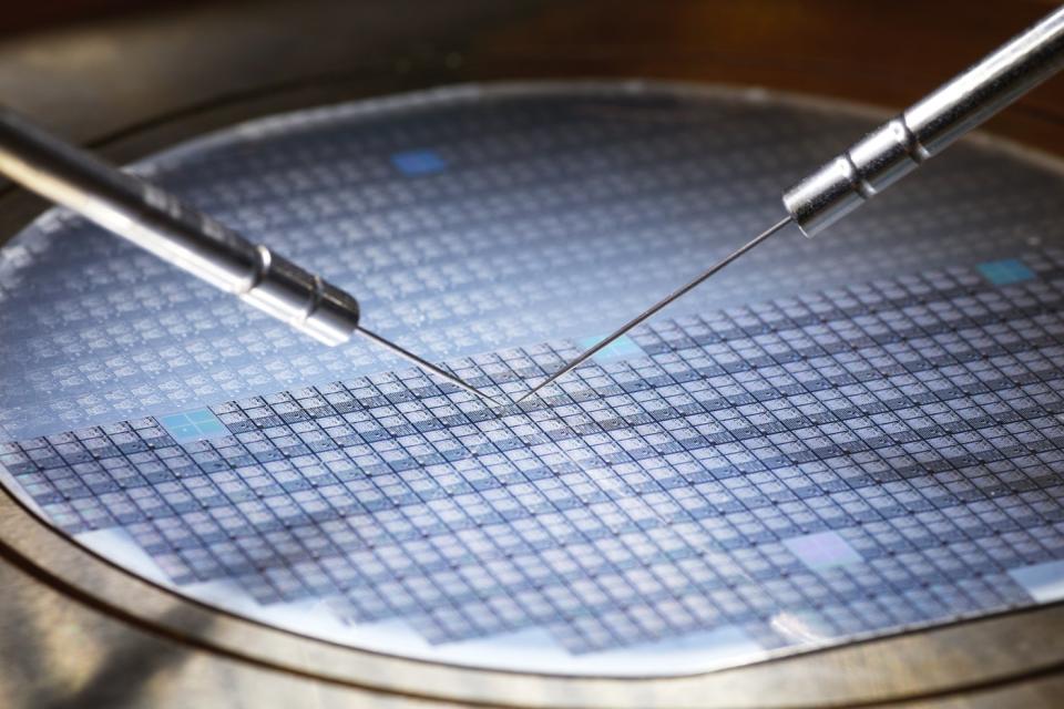 A wafer of silicon chips being fabricated.