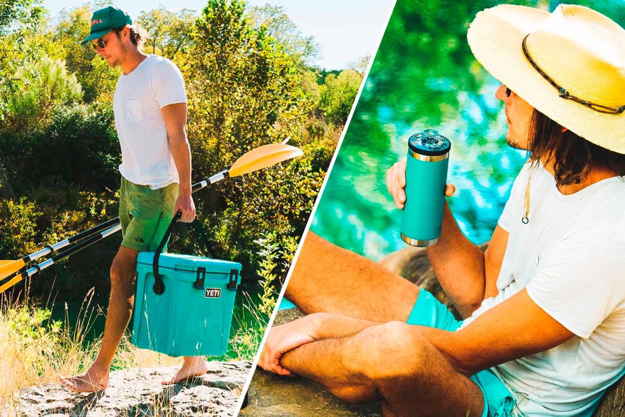 Yeti cooler and water bottle in aquifer blue